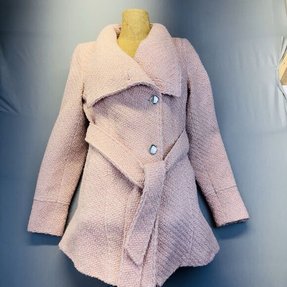 Guess Pink Boucle Double Breasted‎ Wool Pea Coat Cutaway Winter Dress Coat XS - Picture 2 of 16